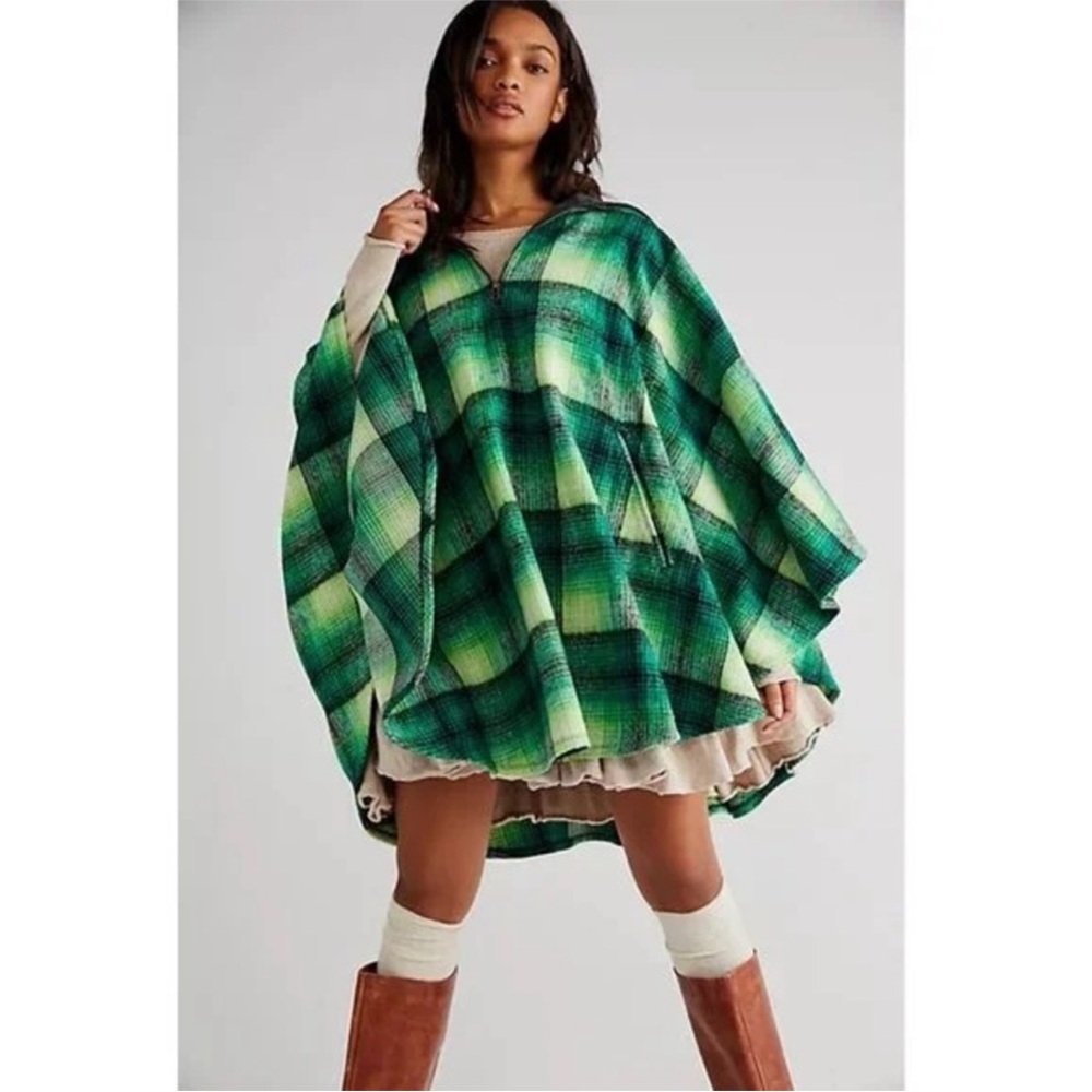 Free People – Woodstock Brushed Plaid Oversized Poncho – Green Black – Sz. OS